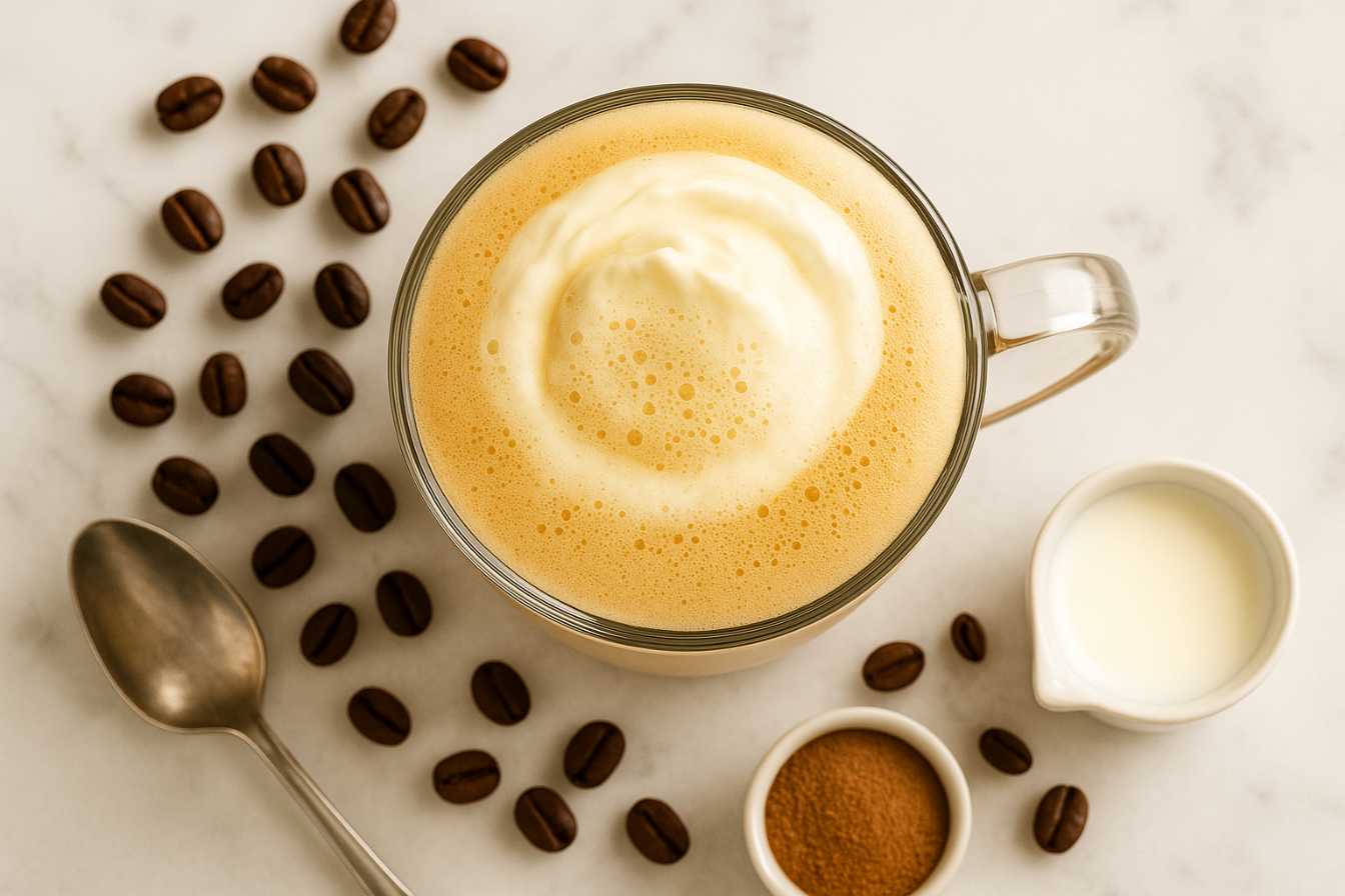 Glass mug of breve coffee topped with creamy foam, surrounded by coffee beans, cinnamon, and a small pitcher of cream on a marble surface.
