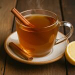 Glass mug of Costa Rican tea recipe with cinnamon stick and lemon on rustic wood.