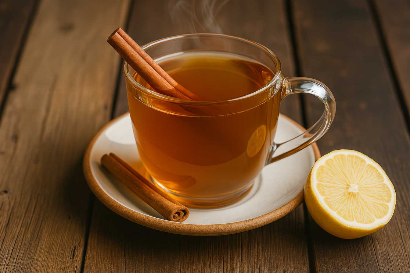 Glass mug of Costa Rican tea recipe with cinnamon stick and lemon on rustic wood.