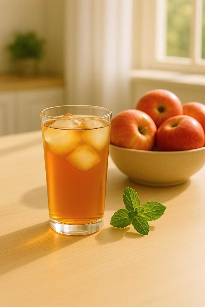 A chilled glass of apple peel recipe for weight loss with ice cubes, set beside a bowl of fresh apples and a sprig of mint on a sunlit kitchen counter.