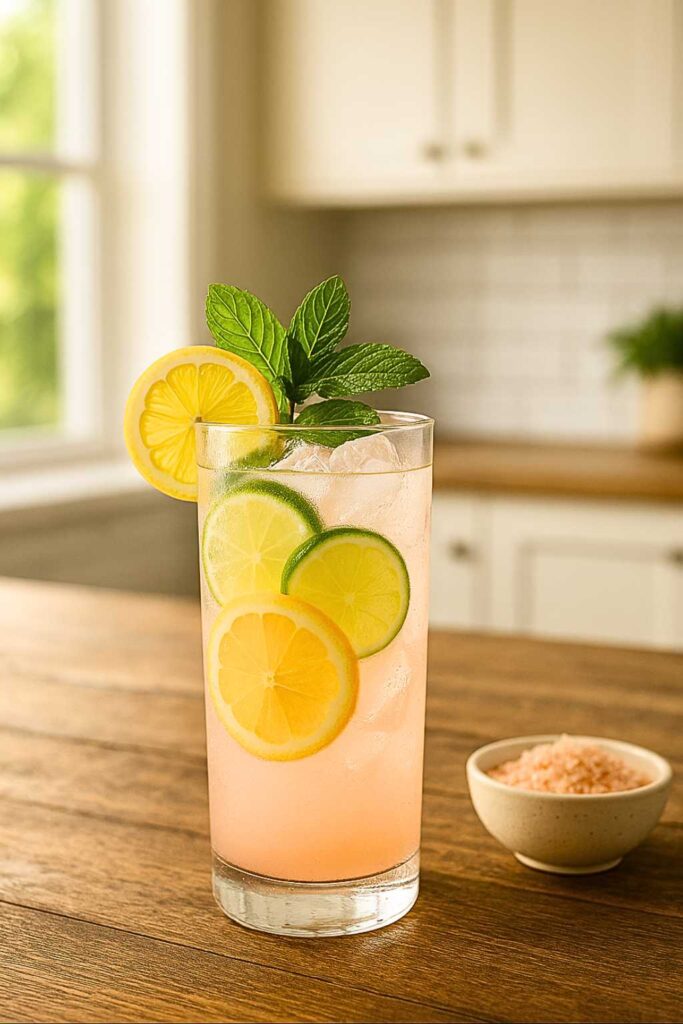 Refreshing pink salt recipe for weight loss in a tall glass, garnished with lemon, lime slices, mint, and ice. A small bowl of Himalayan pink salt sits beside the drink on a wooden kitchen table.