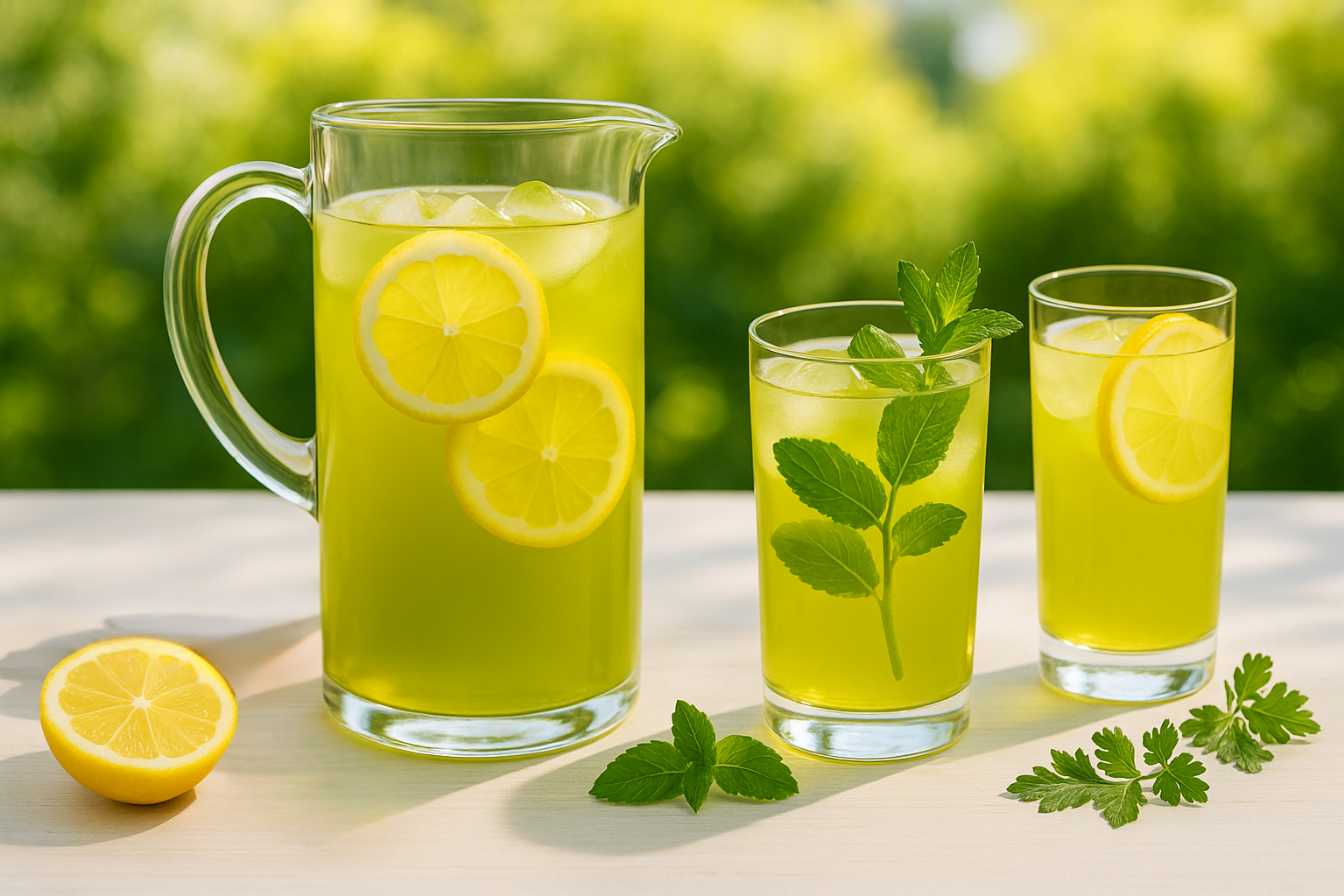 Glasses of green tea lemonade with lemons for summer