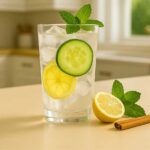 A glass of ice water hack recipe with lemon, cucumber slices, mint, and cinnamon on a kitchen counter.