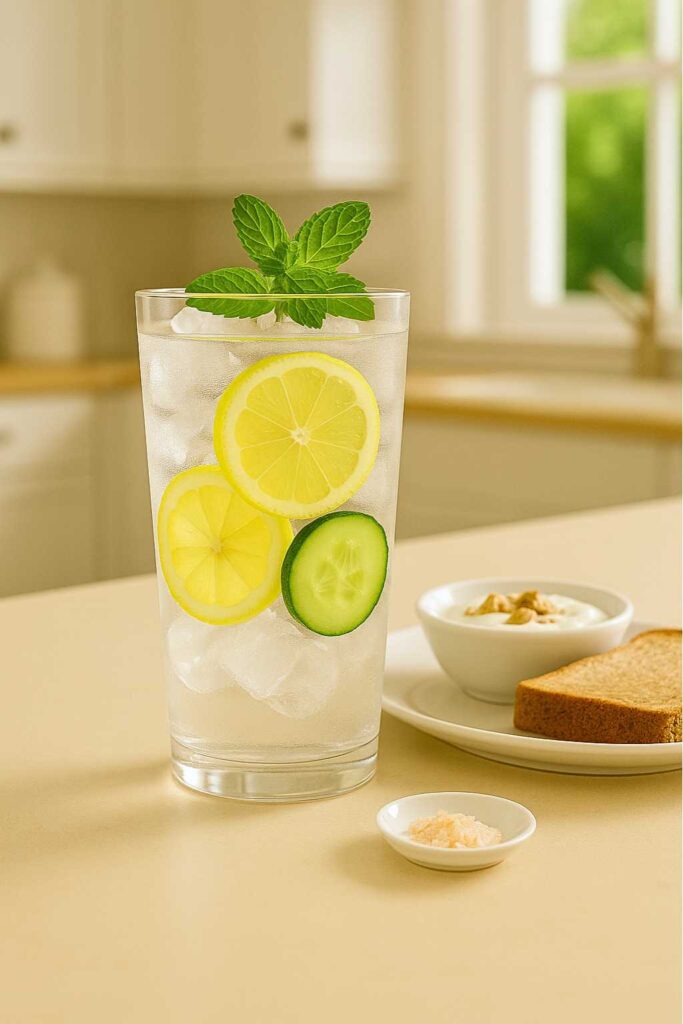 Refreshing glass of ice water with lemon, cucumber, and mint — ice water hack recipe