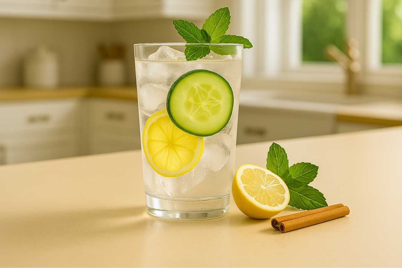 A glass of ice water hack recipe with lemon, cucumber slices, mint, and cinnamon on a kitchen counter.