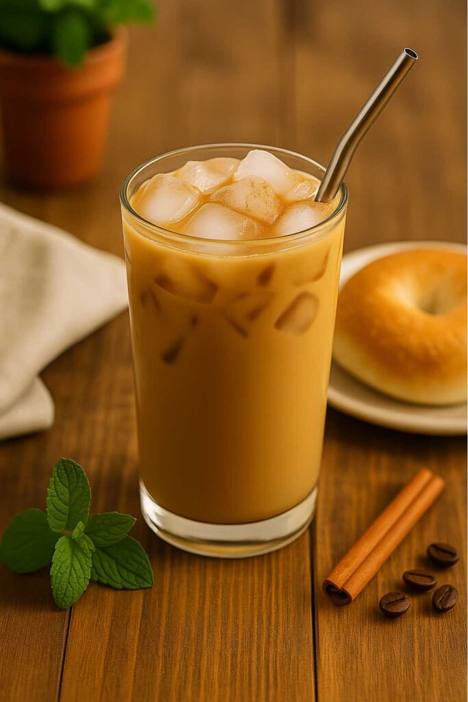 Glass of iced brown sugar oatmilk shaken espresso with cinnamon and mint