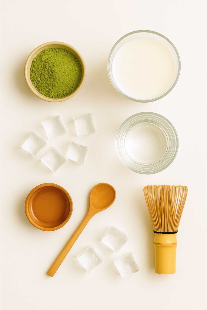 Flat lay of iced matcha latte ingredients, including matcha powder, milk, honey, ice cubes, water, and a bamboo whisk, on a white background.