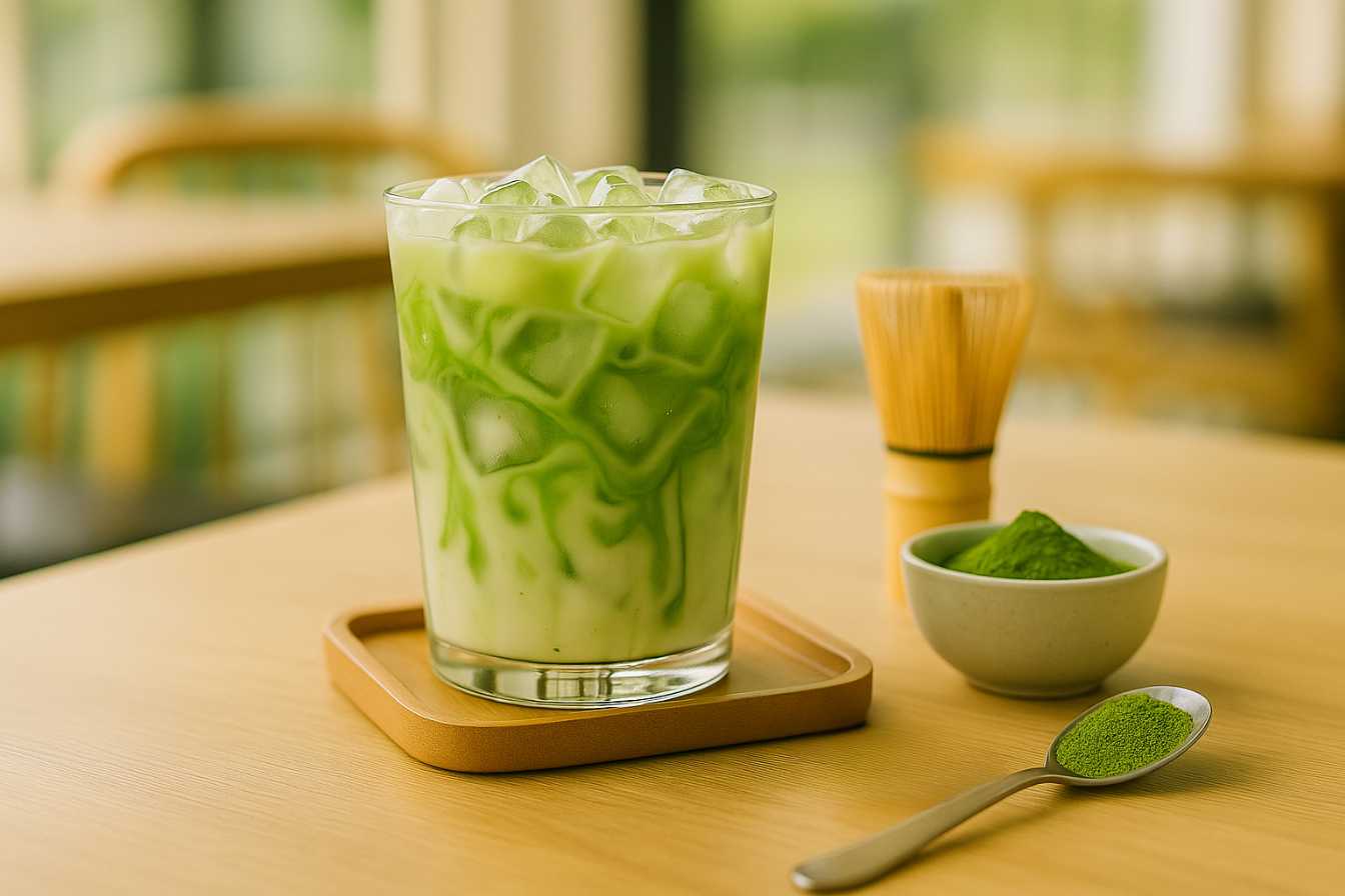 Tall glass of iced matcha latte with bright green swirls and ice cubes, set on a sunny café table with a bamboo whisk and spoonful of matcha powder nearby.