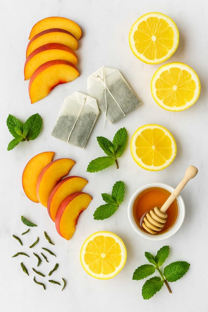 Flat lay of ingredients for iced peach green tea lemonade, including sliced peaches, lemon halves, green tea bags, honey, and fresh mint.