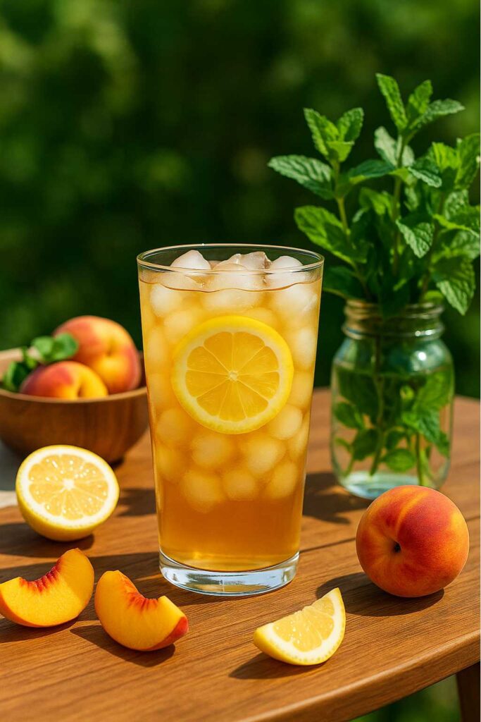 A glass of iced peach green tea lemonade on a wooden table with peaches, lemons, and mint.