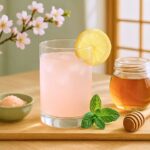Glass of detox drink with lemon, honey, and pink salt – japanese pink salt recipe​.