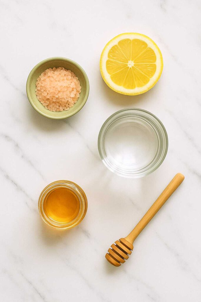 Flat lay of ingredients for japanese pink salt recipe on marble surface.
