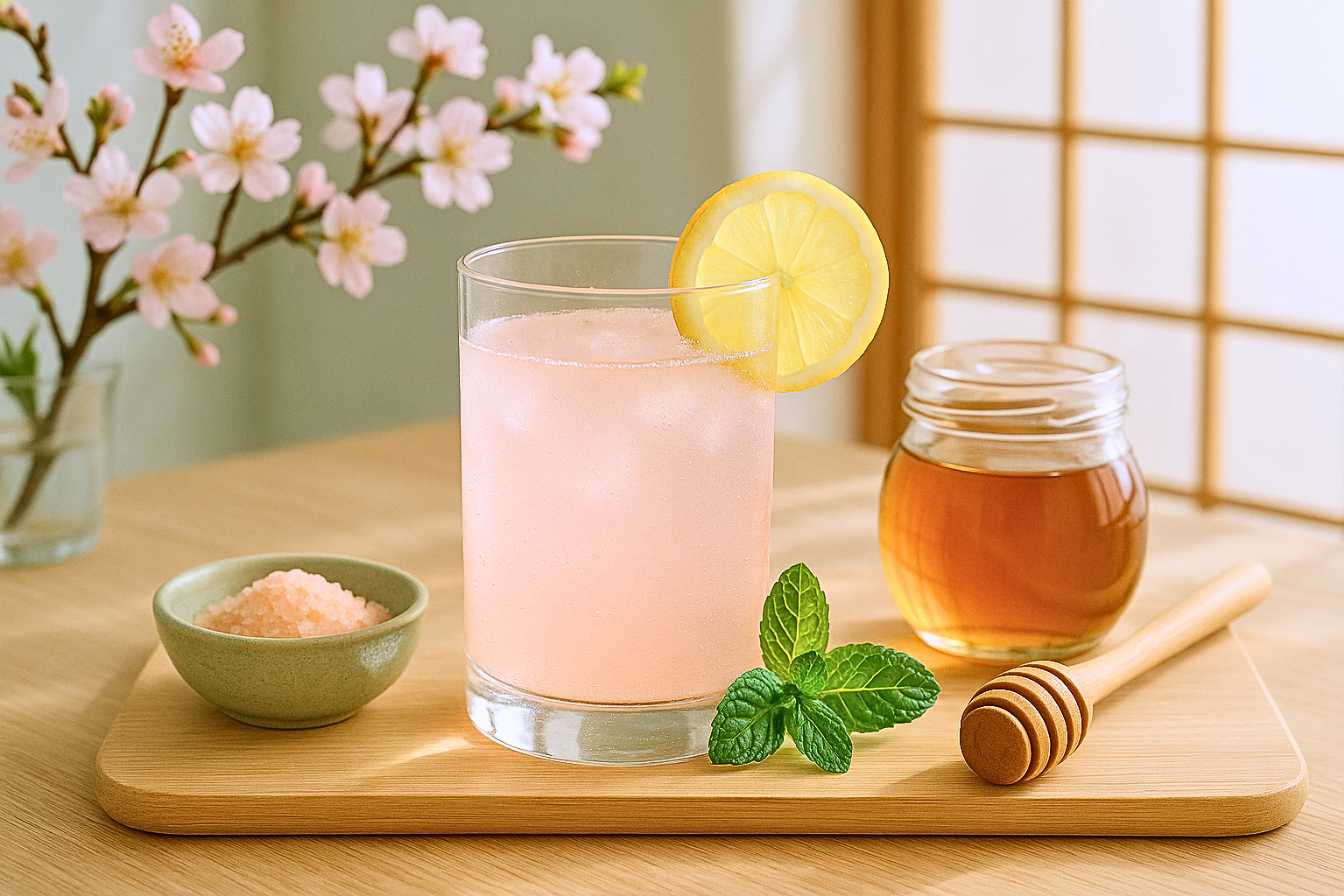 Glass of detox drink with lemon, honey, and pink salt – japanese pink salt recipe​.
