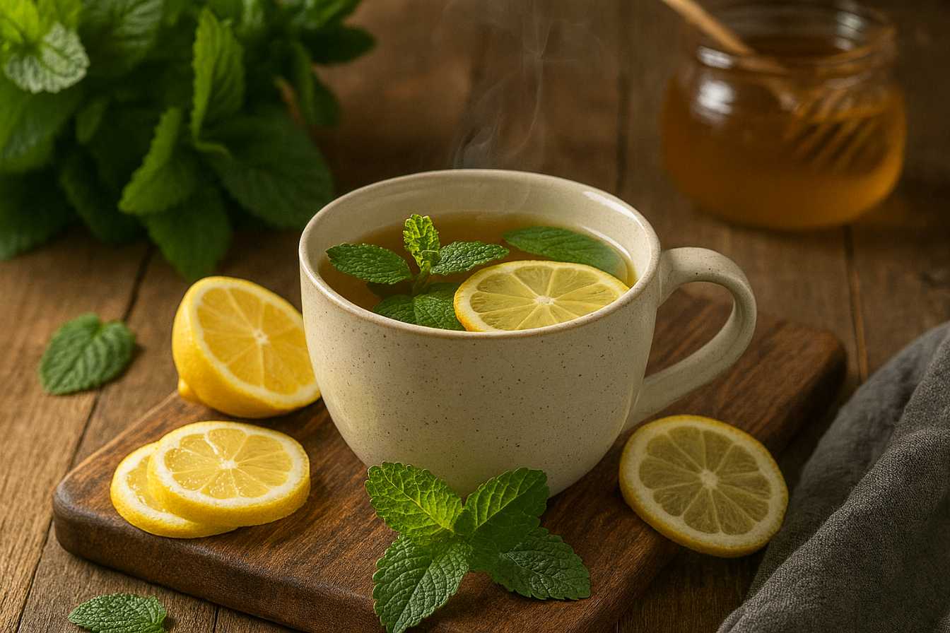 A steaming cup of lemon balm tea with lemon slices and fresh mint on a rustic wooden board – a natural lemon balm for weight loss recipe​.