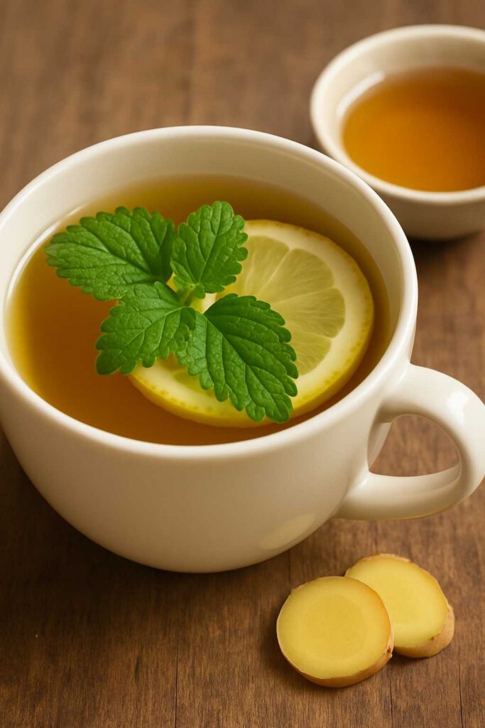 Close-up of lemon balm for weight loss recipe with lemon slice and ginger on a wooden table.