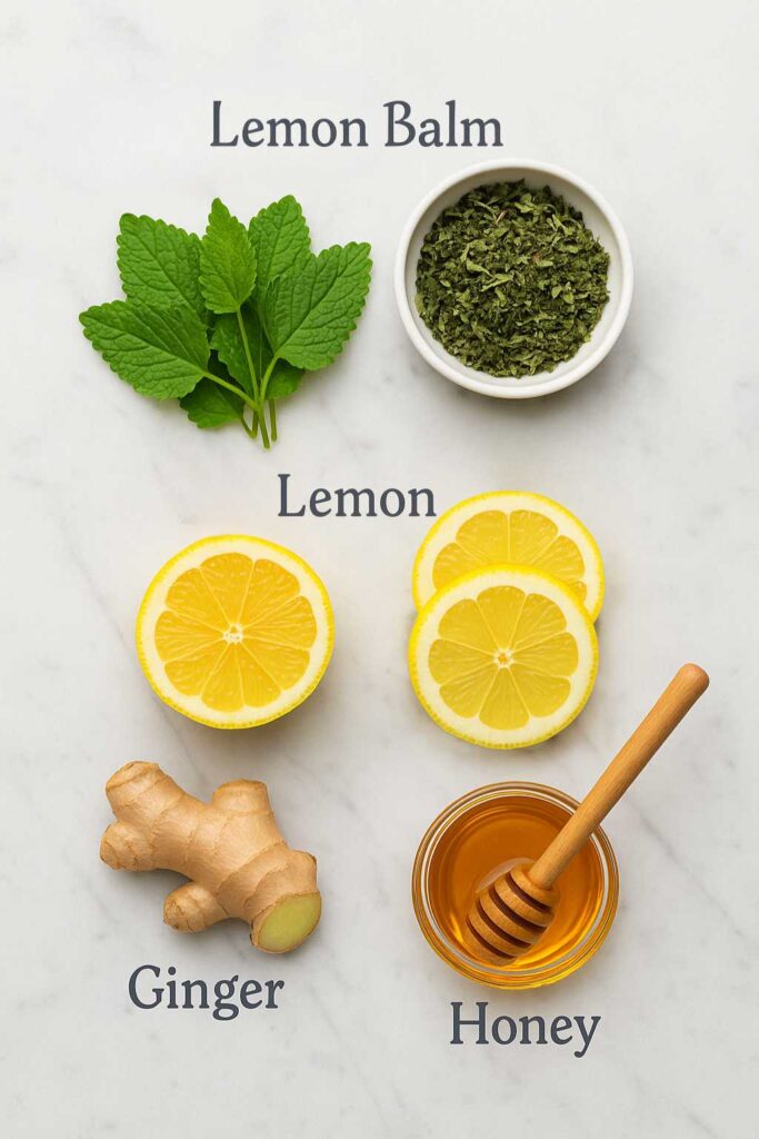 Ingredients for lemon balm for weight loss recipe on marble background.