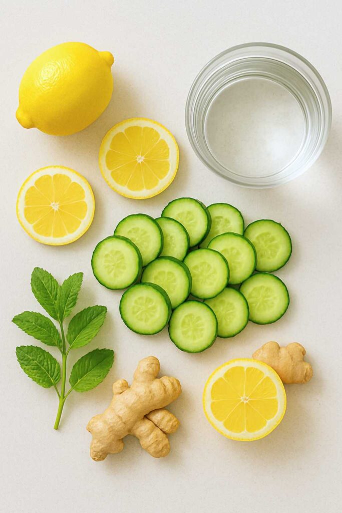 Flat lay of fresh lemon slices, cucumber rounds, ginger pieces, and mint leaves arranged on a white background—ingredients for lemon ginger cucumber water.