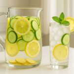 Ingredients for lemon ginger cucumber water, including sliced lemon, cucumber, fresh ginger, and mint, displayed in a glass pitcher and glass.