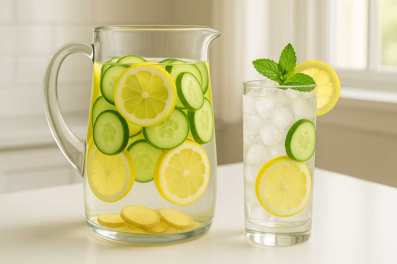 Ingredients for lemon ginger cucumber water, including sliced lemon, cucumber, fresh ginger, and mint, displayed in a glass pitcher and glass.