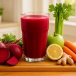 Glass of liver detox juice recipe​ with fresh ingredients on a wooden counter