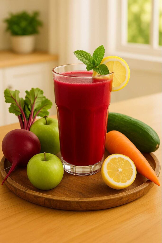 Chilled glass of liver detox juice recipe with lemon and mint on a rustic tray