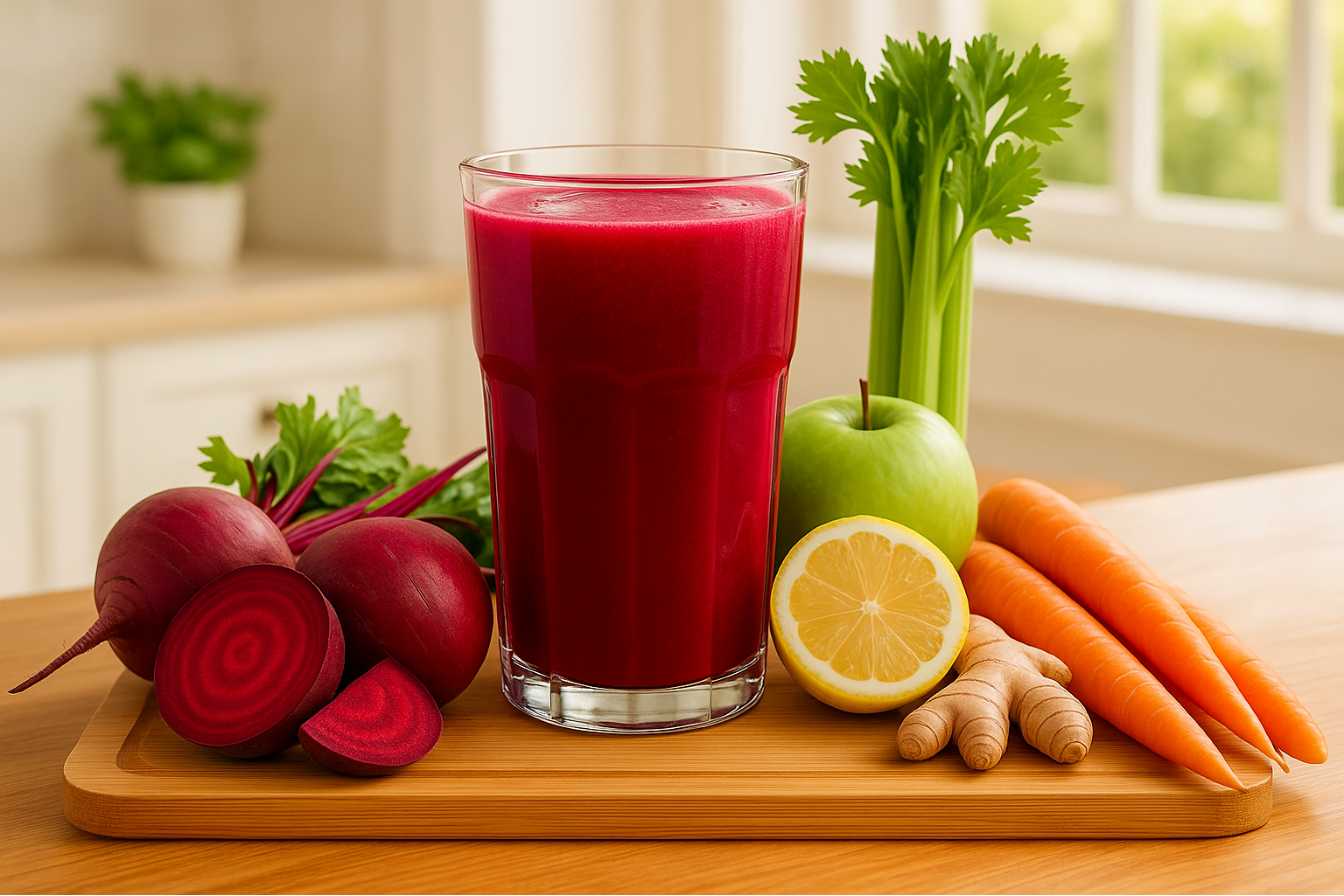 Glass of liver detox juice recipe with fresh ingredients on a wooden counter