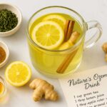 Overhead shot of a glass mug filled with green tea, lemon slices, ginger, and a cinnamon stick, surrounded by small bowls of green tea leaves, ground cinnamon, apple cider vinegar, lemon, and fresh ginger, with a handwritten recipe card on a white marble table. This setup highlights natural alternatives to Ozempic.