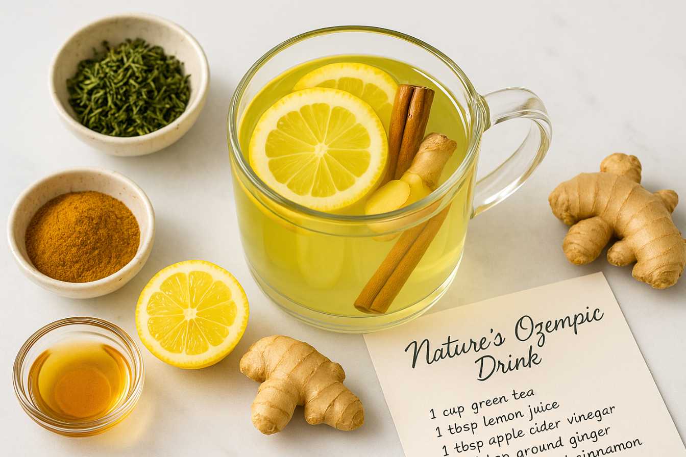 Overhead shot of a glass mug filled with green tea, lemon slices, ginger, and a cinnamon stick, surrounded by small bowls of green tea leaves, ground cinnamon, apple cider vinegar, lemon, and fresh ginger, with a handwritten recipe card on a white marble table. This setup highlights natural alternatives to Ozempic.