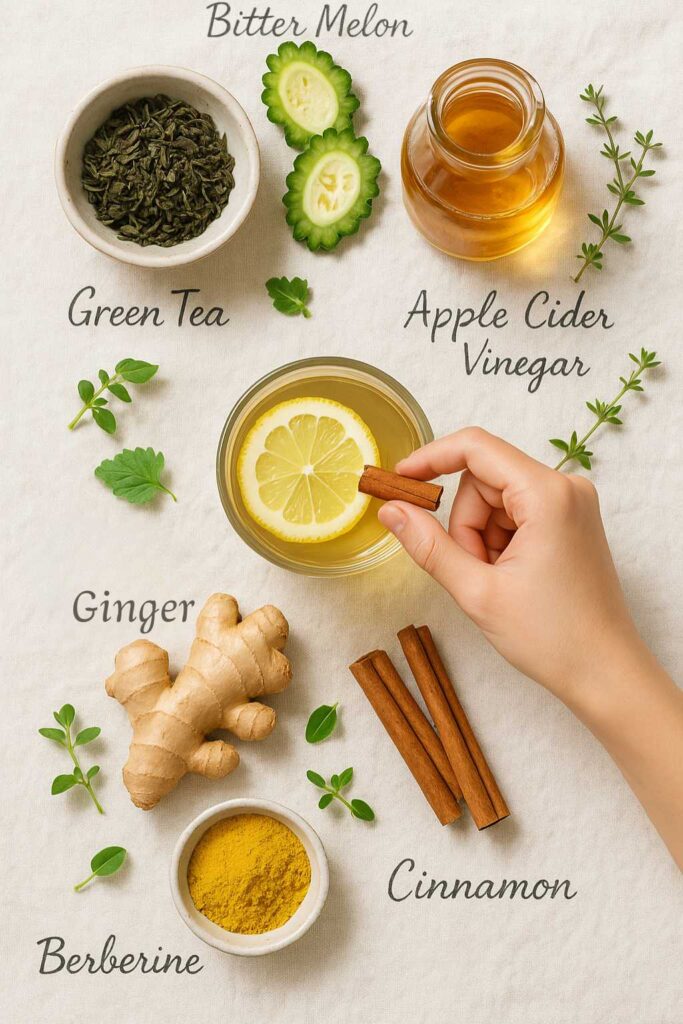Artistic flat lay of natural alternatives to Ozempic arranged on a white linen cloth, including labeled bowls of green tea, bitter melon, apple cider vinegar, ginger root (with the name ginger), cinnamon sticks, ground berberine, and scattered fresh herbs.