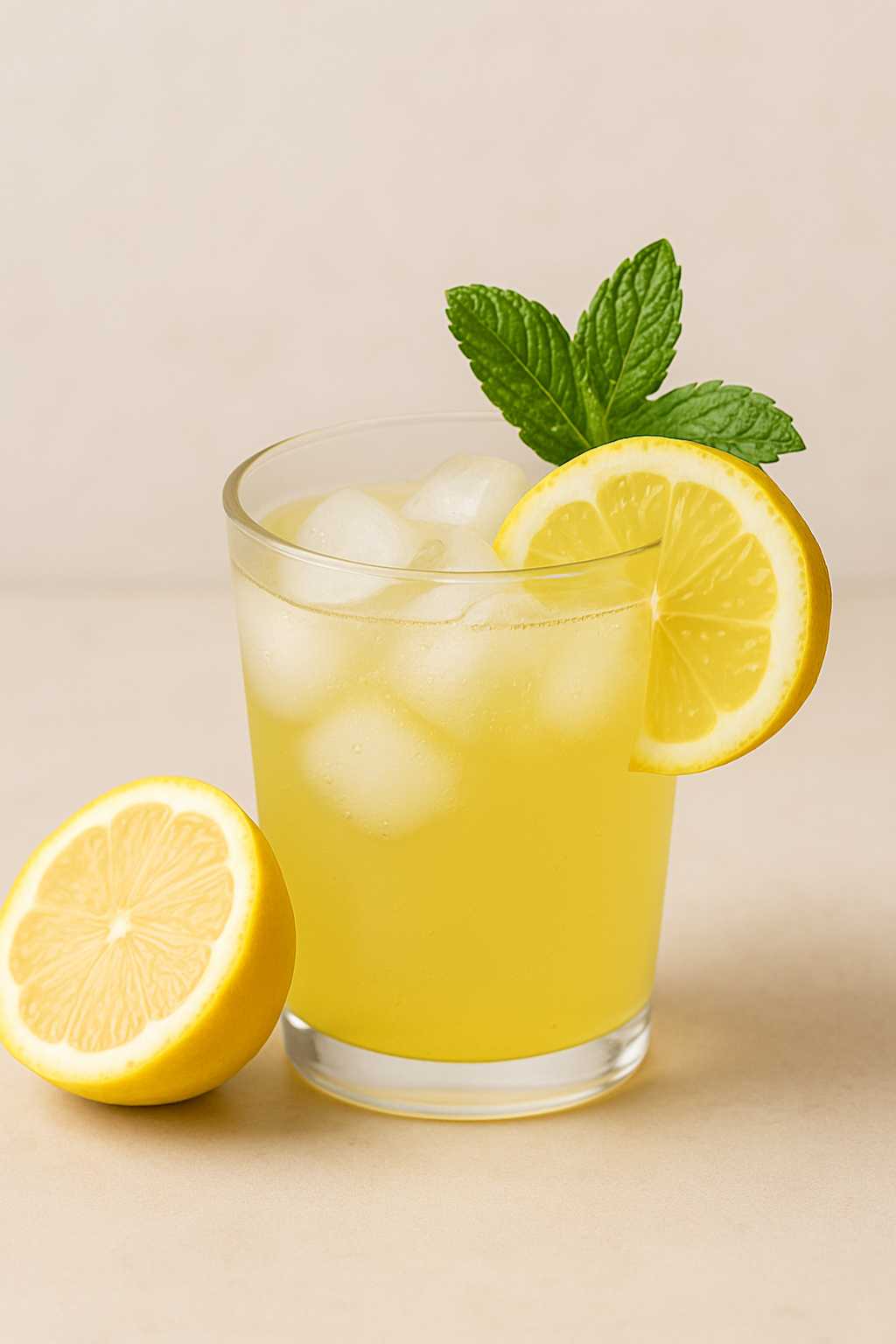 A glass of natural ozempic drink recipe with ice cubes, garnished with a slice of lemon and a sprig of mint. A halved lemon sits next to the glass.