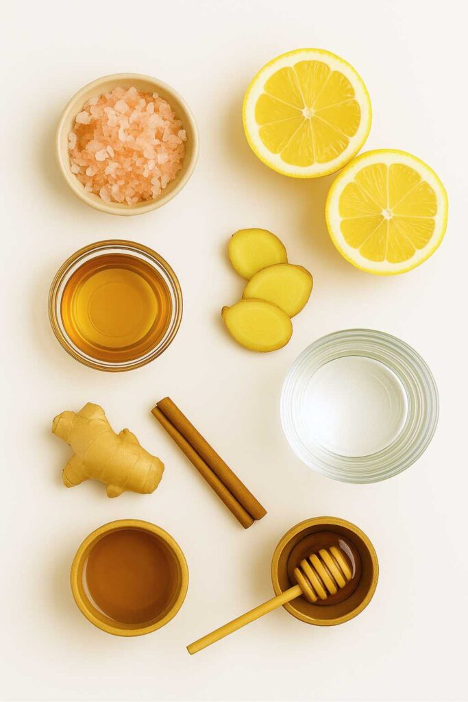 Flat lay of pink Himalayan salt crystals, lemon halves, apple cider vinegar, ginger slices, honey, and a glass of filtered water to prepare pink salt diet recipe for weight loss