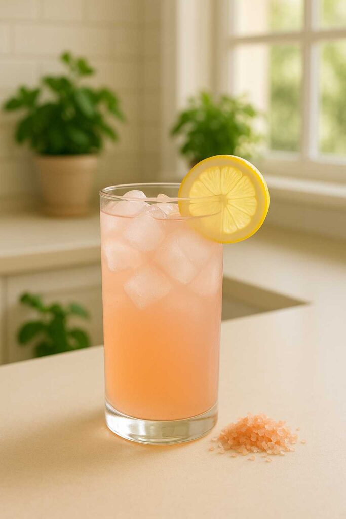 Chilled glass of pink salt diet recipe for weight loss with ice, lemon slice, and pink Himalayan salt beside it on a kitchen counter.