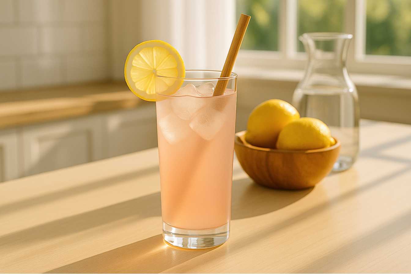 A tall glass of pink salt diet recipe for weight loss, garnished with a lemon wheel and bamboo straw, on a sunlit kitchen counter.