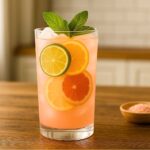 A tall glass of pink salt citrus water garnished with assorted citrus slices and mint, perfect for a pink salt recipe​.