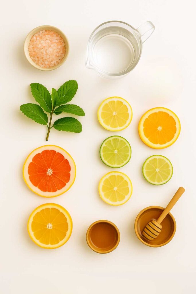 Ingredients for Pink salt recipe for weight loss including Himalayan pink salt, assorted citrus slices (orange, lemon, lime, grapefruit), fresh mint, honey, and a glass jug of filtered water on a white kitchen surface.