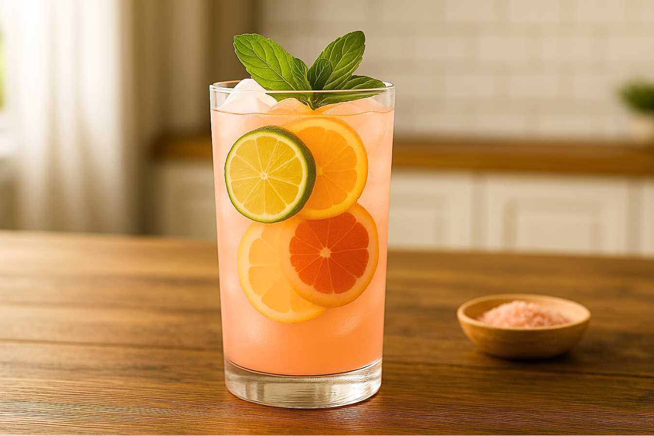 A tall glass of pink salt citrus water garnished with assorted citrus slices and mint, perfect for a pink salt recipe for weight loss.