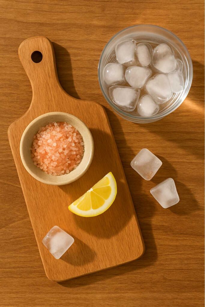 Ingredients for salt and ice trick recipe on a wooden board.