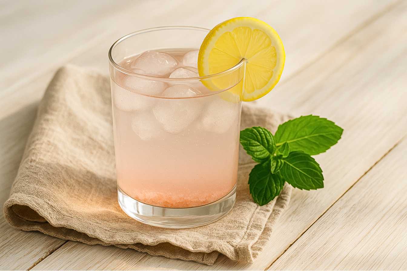 A glass of salt and ice trick recipe with lemon slice and mint on a linen napkin.