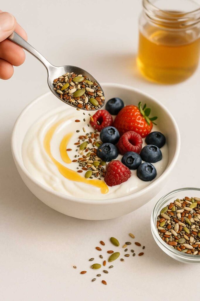 A spoon sprinkles bariatric seed recipe blend over Greek yogurt with fresh berries and honey in a white bowl, with a jar of honey in the background.