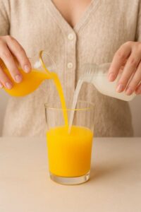 A woman’s hands pouring orange juice and coconut water simultaneously into a clear glass on a beige kitchen counter. for preparation adrenal cocktail recipe