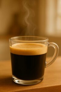 A steaming glass mug of black coffee with golden crema, set on a bright kitchen counter with soft natural light. step 1 of preparation breve coffee