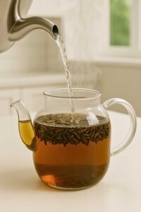 Pouring hot water over hojicha tea leaves in a glass teapot to brew hojicha latte.