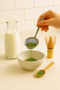 Sifting vibrant green matcha powder into a clear glass bowl for iced matcha latte preparation.