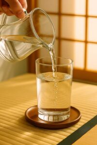 Pouring water into a glass to prepare a Japanese pink salt recipe.