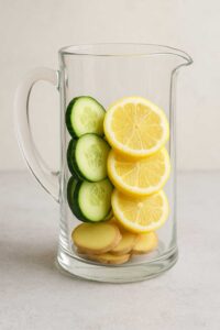 A clear glass pitcher filled with neatly stacked slices of lemon, cucumber, and ginger, ready to make lemon ginger cucumber water.