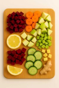 Chopped ingredients for liver detox juice recipe neatly arranged on a wooden board.