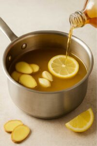 Pouring apple cider vinegar into a saucepan with ginger slices, garlic cloves, and a lemon slice—step 1 for natural sulphur burps zepbound relief.