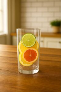 A tall, clear glass filled with colorful citrus slices—lime, lemon, orange, and grapefruit—standing on a wooden kitchen table to prepare pink salt recipe for weight loss​.