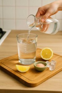 Pouring cold filtered water into a glass on a wooden board to prepare salt and ice trick recipe.