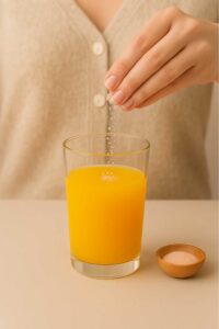 A woman’s hand sprinkling pink sea salt into a glass of adrenal cocktail recipe on a beige counter.